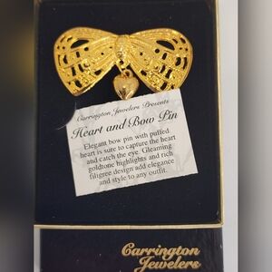Carrington Filigree 'Heart and Bow Pin' Dangle Brooch Gold Tone In Original Box